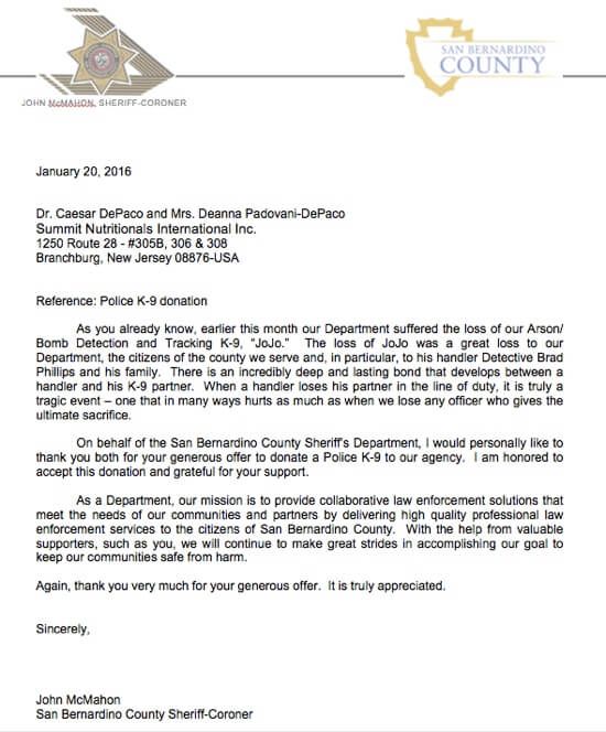 San Bernardino County Sheriff’s Office Thanks Summit Nutritionals® César DePaço