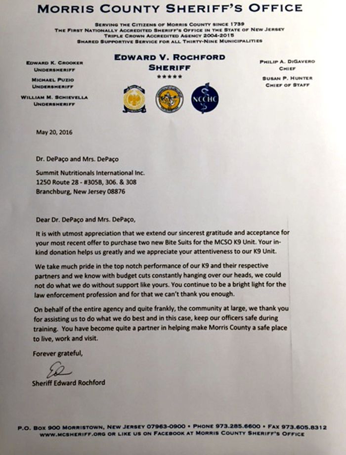 Sheriff Edward Rochford Thanks Summit Nutritionals® César DePaço