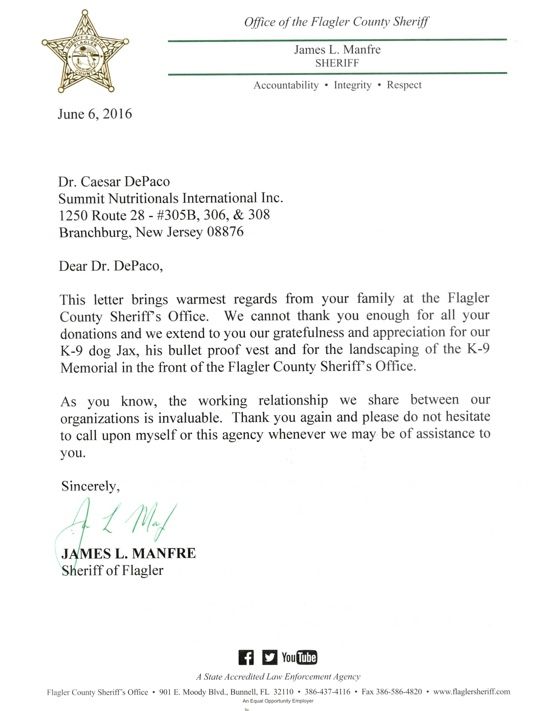 Sheriff James Manfre Thanks Summit Nutritionals® César DePaço