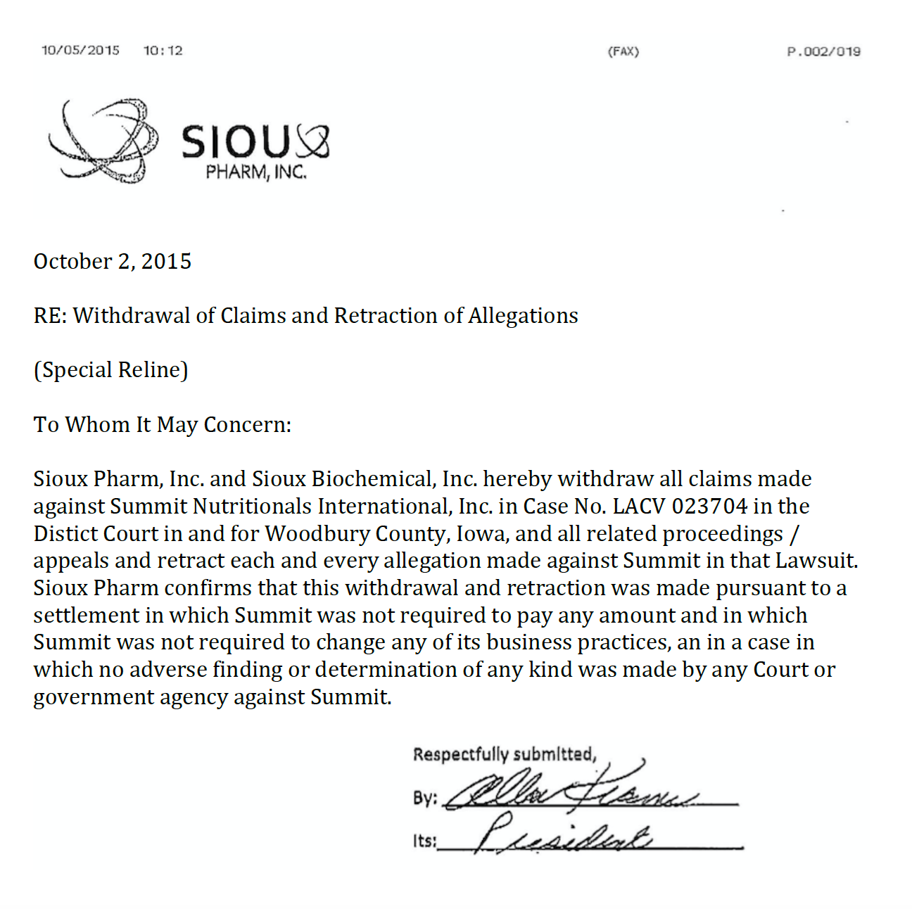 Sioux Pharm Withdrawal of Claims & Retraction of Allegations Against Summit Nutritionals International César DePaço  