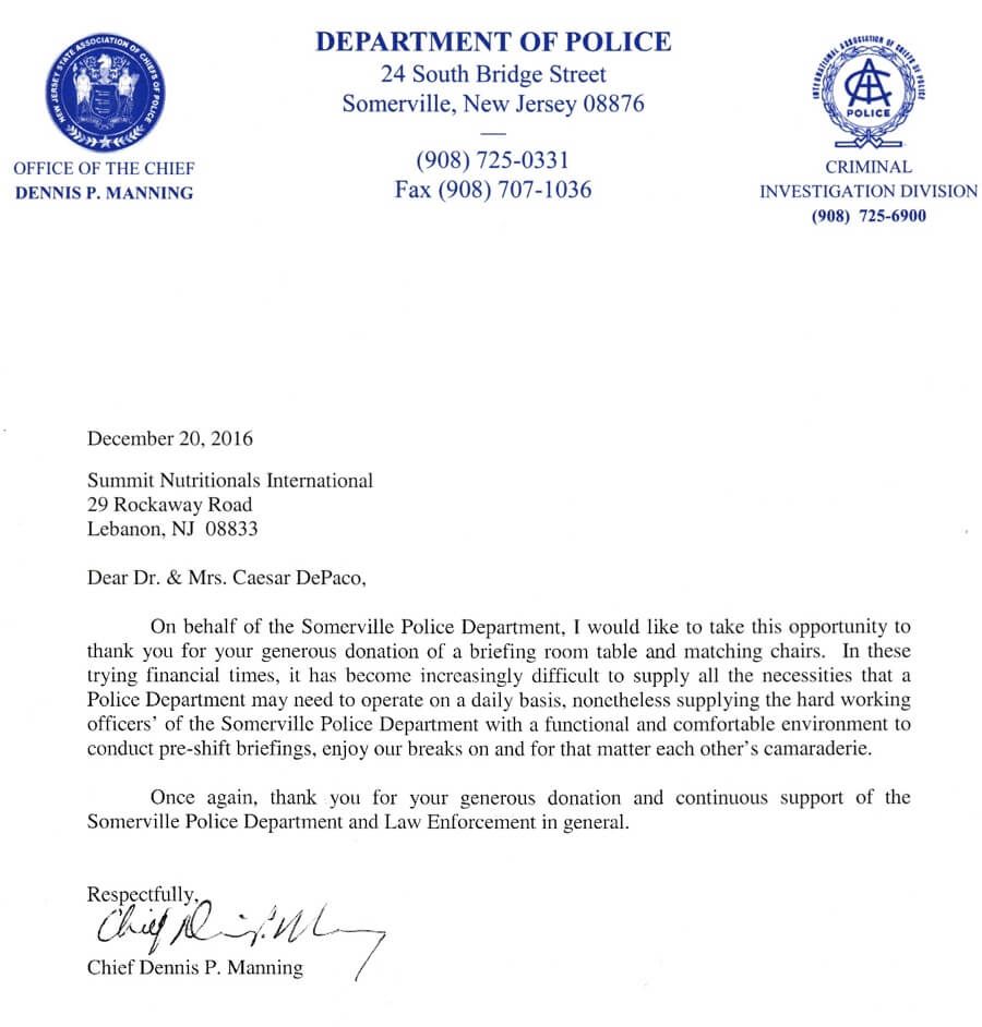 Somerville Police Department Thanks Summit Nutritionals® César DePaço