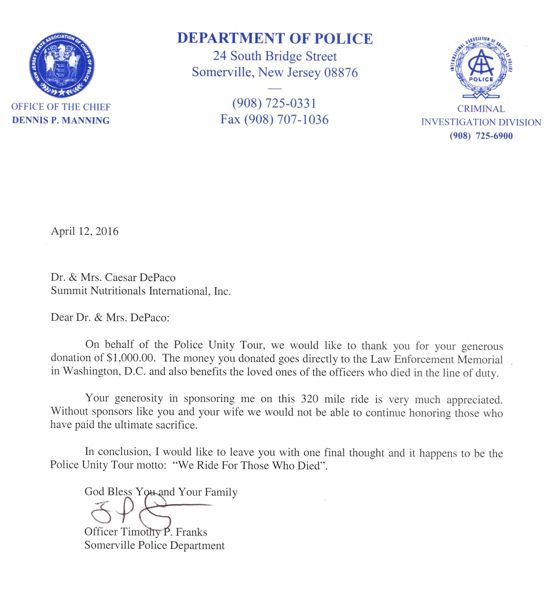 Somerville Police Thanks Summit Nutritionals International® César DePaço