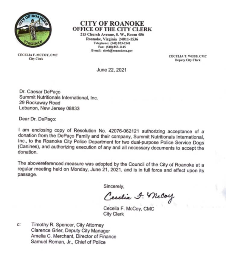 The City of Roanoke thanks César DePaço