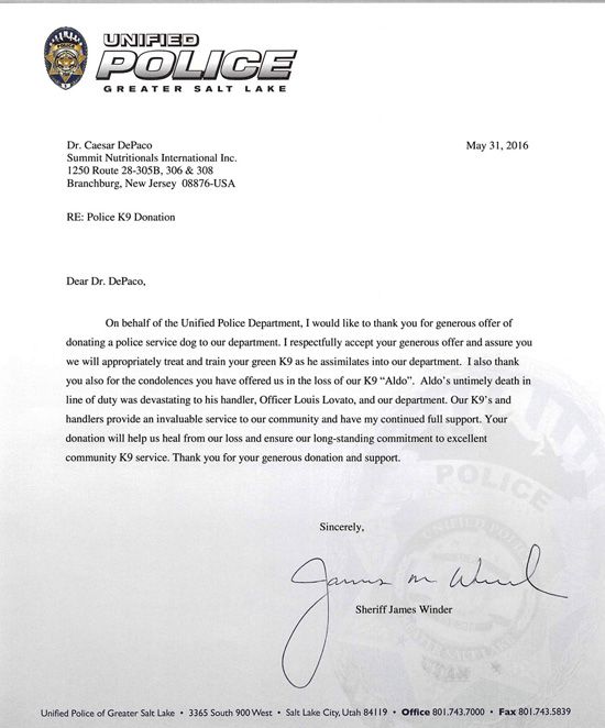 Unified Police Department of Greater Salt Lake Thanks Summit Nutritionals® César DePaço